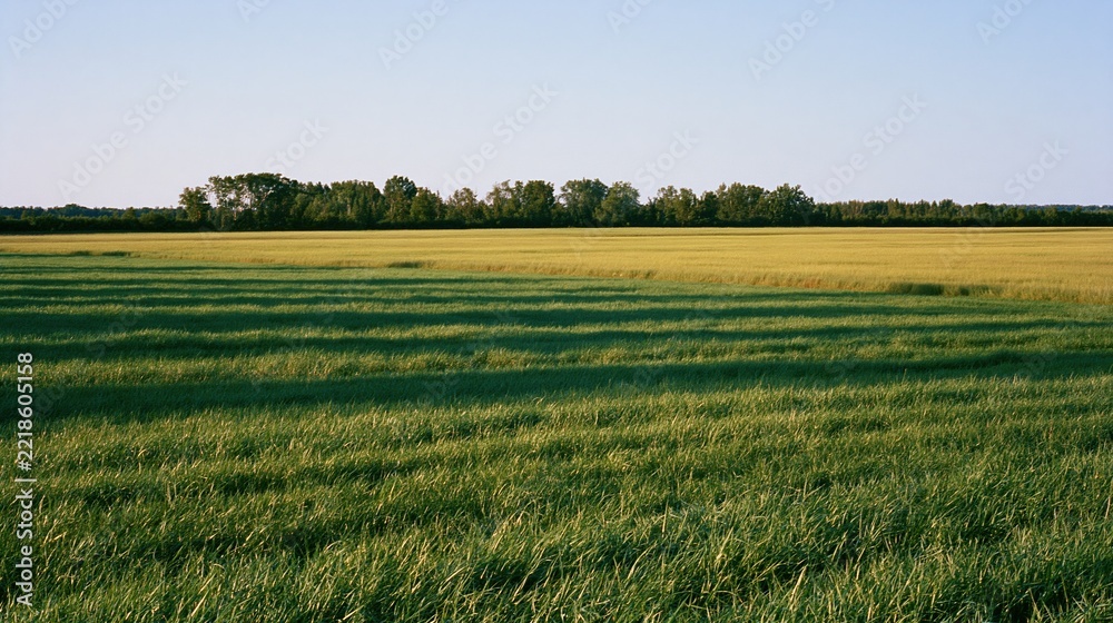 Naklejka premium Open grass field stretching to a distant treeline under clear sky