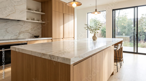 Modern kitchen counter interior with empty marble surface