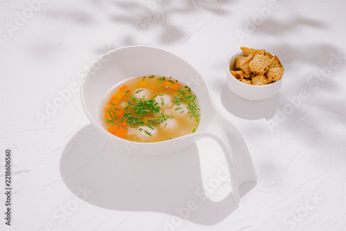 Fotografie Healthy clear soup with meatballs and vegetables