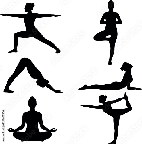 Yoga poses black silhouettes of women performing various exercises for health and wellness routine.