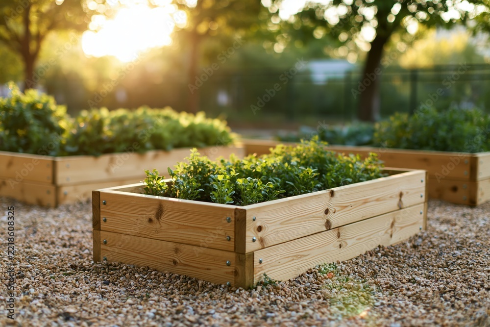 Fototapeta premium The Wooden Raised Garden Beds In A Sunlit Backyard Setting At Dusk