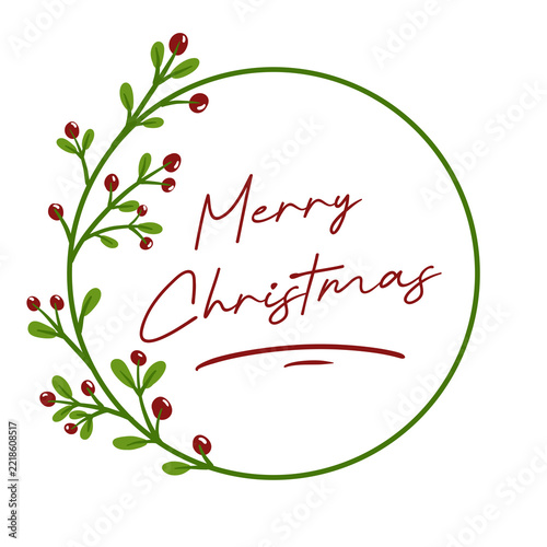 Hand drawn Christmas holly berry branch circle frame with Merry Christmas text isolated on transparent background
