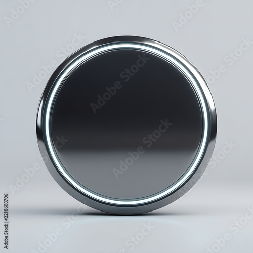 Shiny metallic round button with glowing neon light for technology interface design