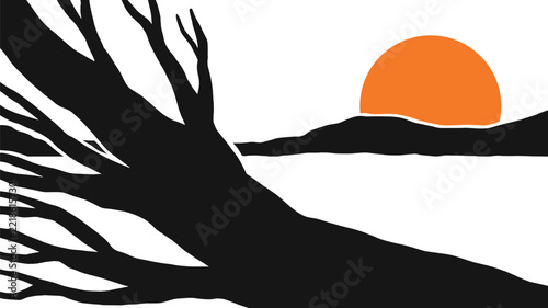 Silhouette Tree Against Sunset and Mountains Illustration vector