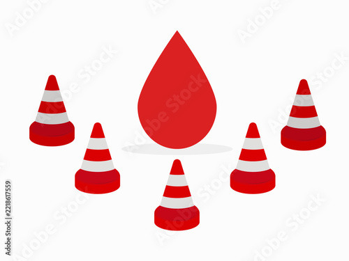 Blood protection and safety concept with traffic cones surrounding a blood drop