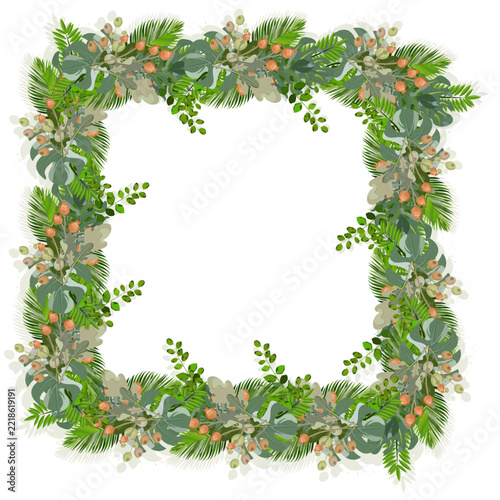 Square floral frame or border made of tropical leaves and berries vector illustration isolated on white background