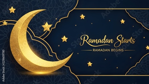 Golden crescent moon and stars on dark blue islamic pattern background