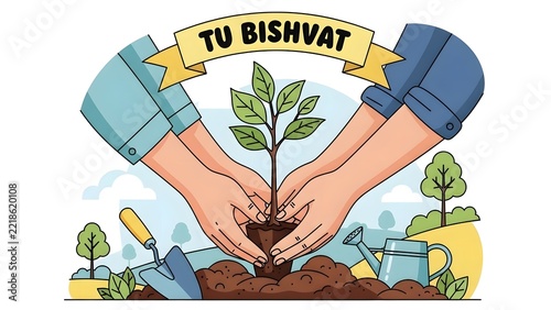 Two hands planting a small tree for tu bishvat holiday