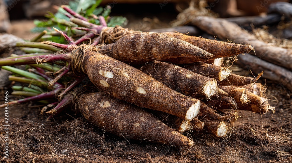 Fototapeta premium Freshly harvested cassava roots in a rural farm setting with workers preparing for market sale