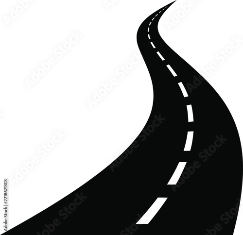 Road icon silhouette of a winding highway path with dashed lines