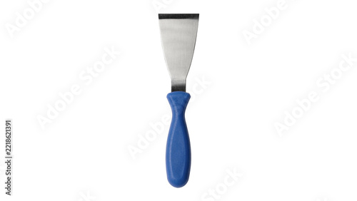 Classic metal paint scraper putty knife tool blue handle isolated on transparent background