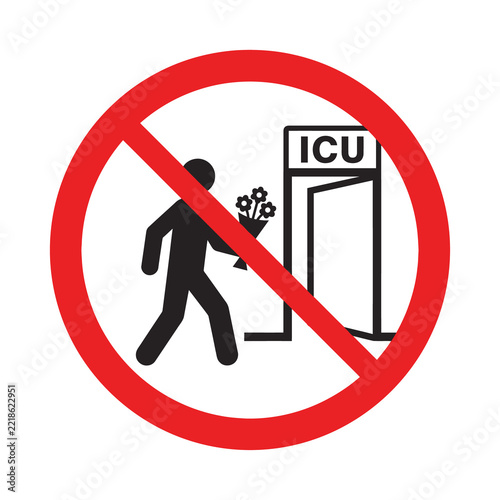 Obraz na plátně No flowers allowed in intensive care unit sign with red prohibition circle over black silhouette of person carrying bouquet of blossoms to hospital room
