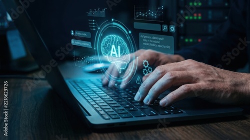 Hands typing on a laptop with glowing artificial intelligence brain hologram and futuristic code interfaces in a dark room. This image is ideal for technology, machine learning, and software.