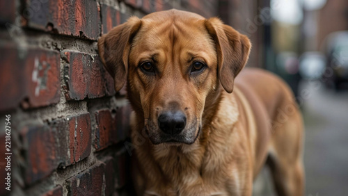 Sad brown dog sitting by a brick wall on a city street.