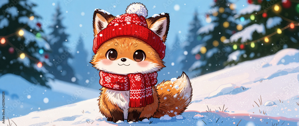 Fototapeta premium A cute chibi cartoon illustration of fox, winter animal in hat and scarf for Christmas