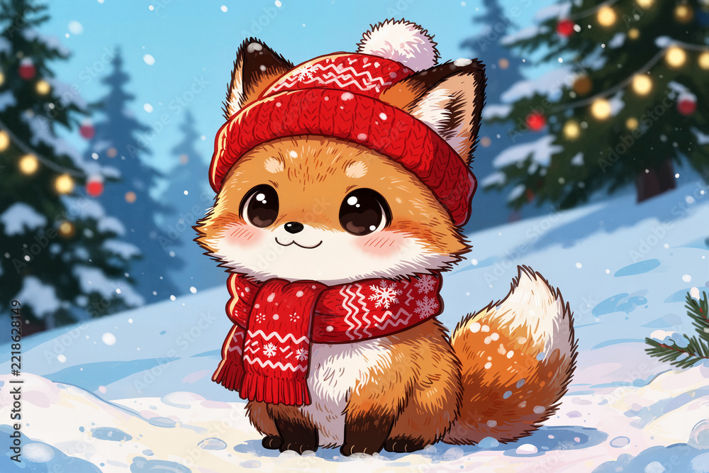 Fototapeta premium A cute chibi cartoon illustration of fox, winter animal in hat and scarf for Christmas