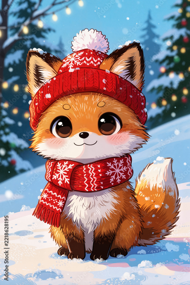 Fototapeta premium A cute chibi cartoon illustration of fox, winter animal in hat and scarf for Christmas