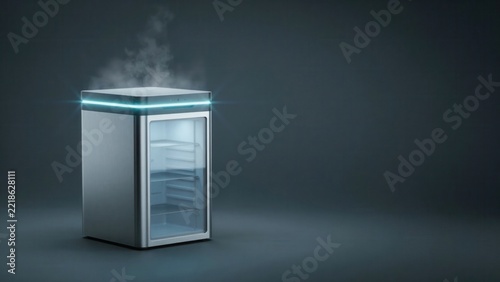 Modern compact mini refrigerator with glowing blue light and rising steam