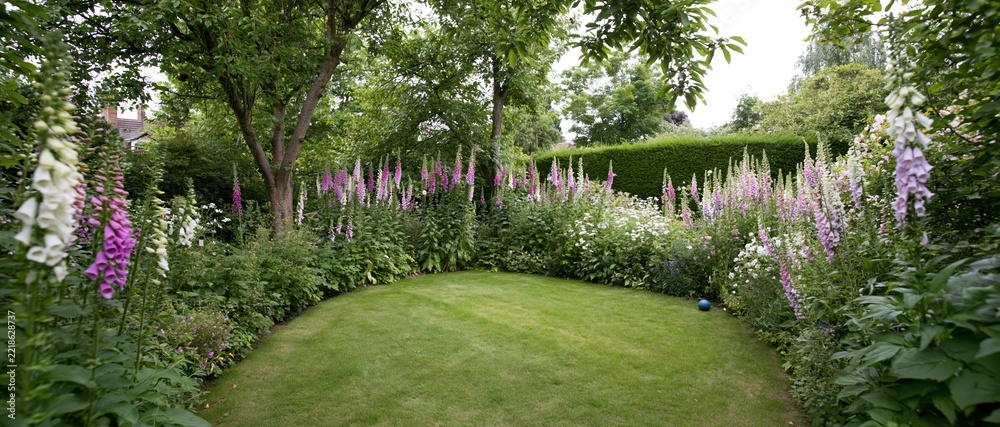 Naklejka premium Curved lawn surrounded by blooming foxglove and green hedges in a private garden