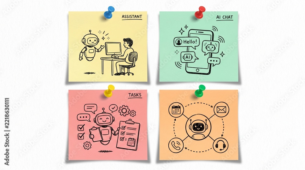 Fototapeta premium AI Assistant Support Services Four Set Sticky Notes Displaying Chatbot Tasks and Automation Icons