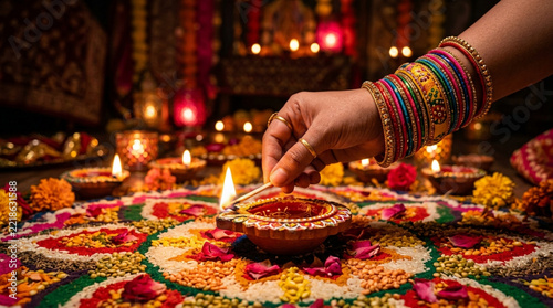 Diwali Celebration: Hand lighting oil lamp on colorful rangoli with bokeh lights