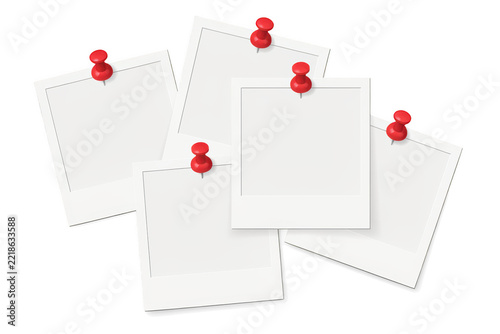 Five blank square frames arranged in a cluster, each secured with a bright red push pin for displaying notes or