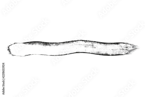 Horizontal hand painted ink brush stroke with textured dry bristle edges, single elongated grunge mark for