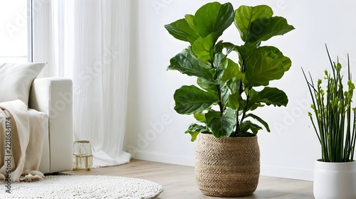 A large fiddle leaf fig plant in a woven basket sits beside a white sofa and another potted plant in a modern  bright room