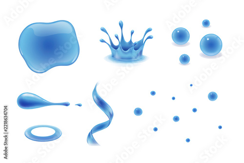 Collection of blue water featuring a crown splash, droplets, spheres, a spiral stream, and a circular ripple effect in 3D render style