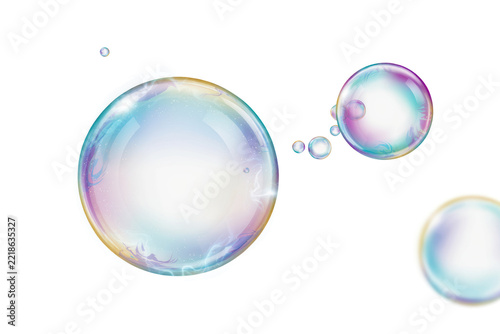 Iridescent soap bubbles with refractive light patterns and soft pastel hues floating in a dark environment