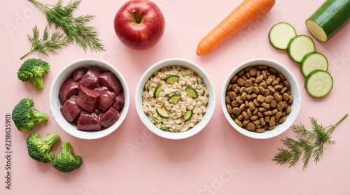 Healthy pet food bowls with raw liver, oatmeal with zucchini, and dry kibble on pink background