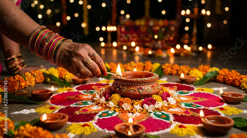 Diwali Celebration: Hand lighting a diya on a colorful rangoli with marigold flowers and bokeh lights