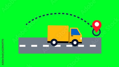 2D Animated Delivery Truck Driving to Location Pin, Logistics and Transportation Concept