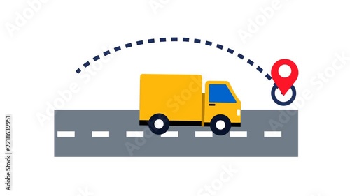 2D Animated Delivery Truck Driving to Location Pin, Logistics and Transportation Concept