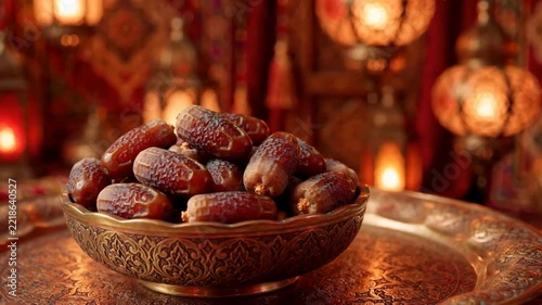 Bowl of dates on an ornate tray with warm lantern bokeh