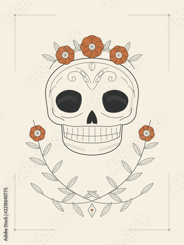 Symmetrical floral skull engraving with orange flowers