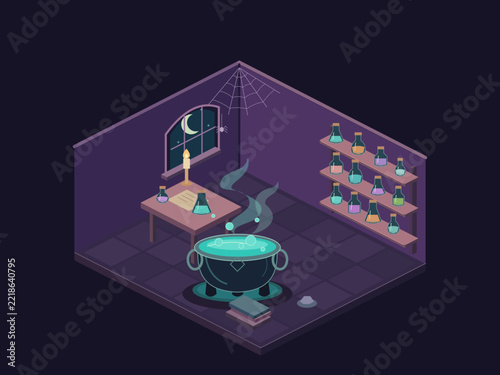 Spooky isometric apothecary with bubbling cauldron