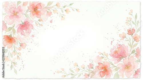 Beautiful watercolor pink flowers frame border arrangement with soft green leaves isolated on a plain white background