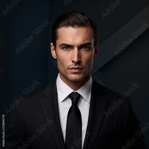 Serious professional man in dark suit and tie posing confidently for corporate portrait