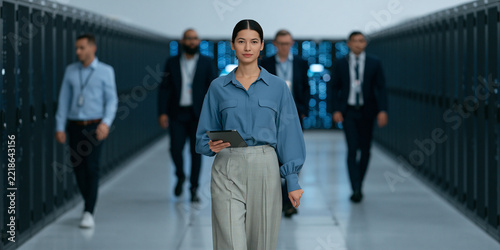 A confident woman holding a tablet walks forward in a modern data center, followed by a diverse team. The rows of servers create a striking visual backdrop, suggesting innovation and technology