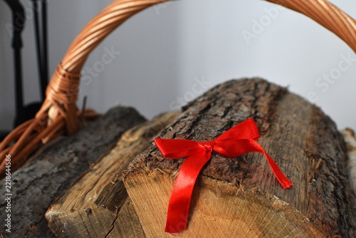 red christmas deco on firewood background  - merry christmas background - christmas card background 