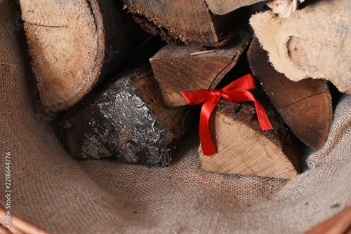 red christmas deco on firewood background  - merry christmas background - christmas card background 