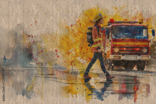 Watercolor painting of a female firefighter and a fire truck on a natural wood texture; artistic grunge style retro background.