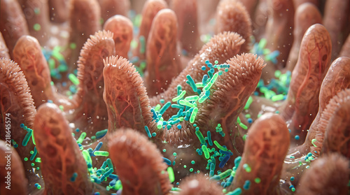 Microscopic view of intestinal villi with bacteria and immune cells interaction