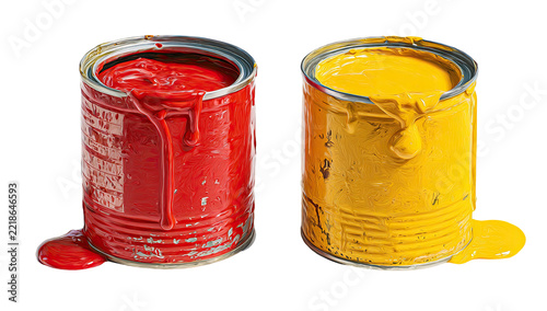 Two open paint cans with red and yellow paint spilling during bright daylight isolated on transparent background