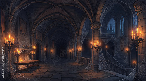 Spooky Gothic Castle Interior with Candlelight for Halloween