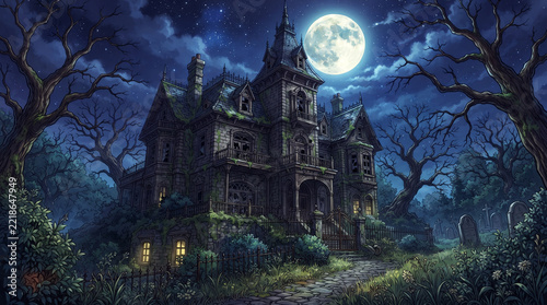 Spooky Haunted Mansion Under Full Moon Halloween Night