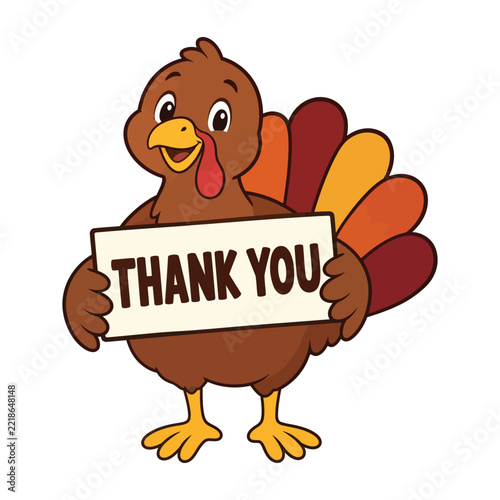 Cute Thanksgiving Turkey Cartoon Vector Illustration holding a Thank You sign for holiday cards