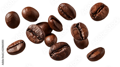 Roasted dark brown coffee beans falling in midair