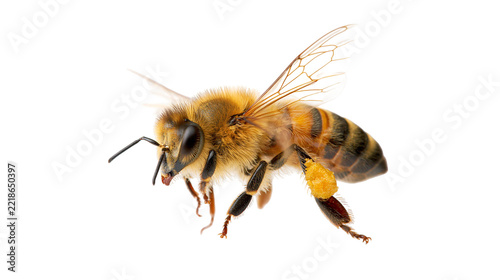 Honey bee with yellow pollen basket on leg flying in profile view